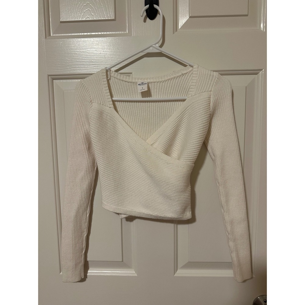 Hollister Sweater Womens S White Surplice Wrap Ribbed Knit Cropped Long Sleeve